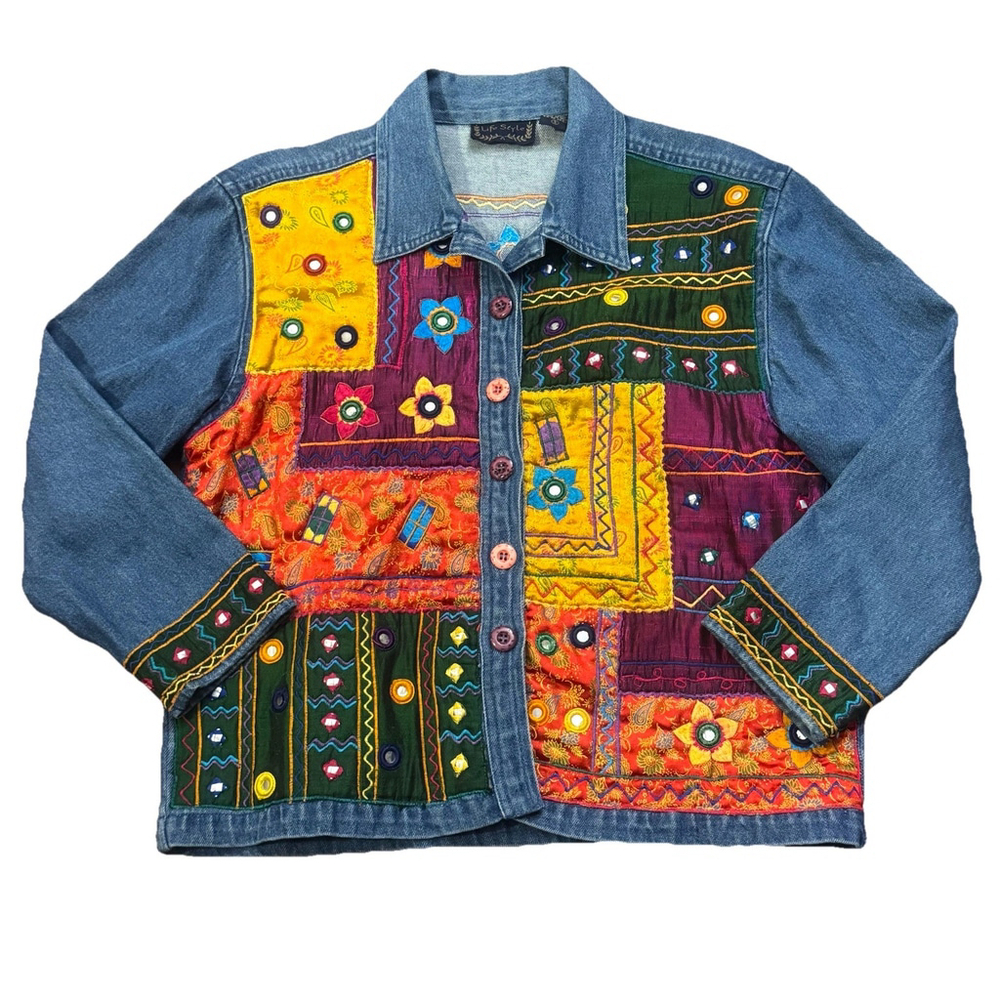 VTG LifeStyle Boho Embroidered Patchwork Denim Jacket Blazer Size:S Y2K 90’s